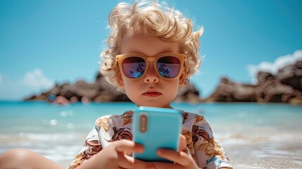Blonde toddler in sunglasses holding a phone on the beach.