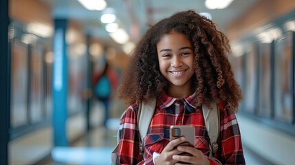 Cheerful girl with curly hair using a smartphone in a school hallway.
