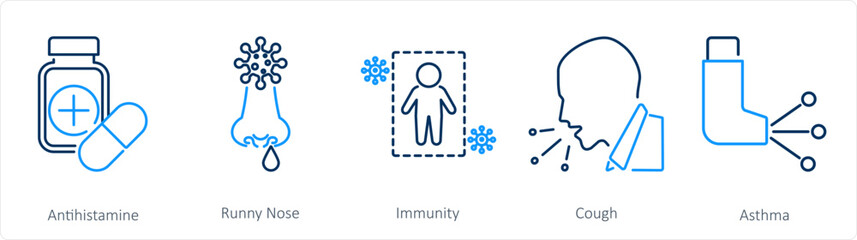 A set of 5 Allergy icons as antihistamine, runny nose, immunity - obrazy, fototapety, plakaty