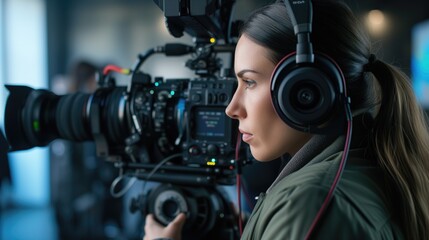 Close up profile headshot photo of female successful young woman Video camera operator with equipment at work - obrazy, fototapety, plakaty