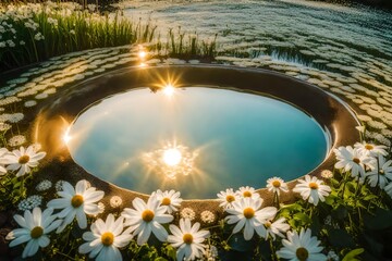 Explore the symbiotic relationship between a water bowl, the setting sun, and a cluster of pristine white flowers.
