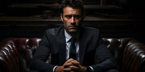 Depressed looking man in black suit in dark room
