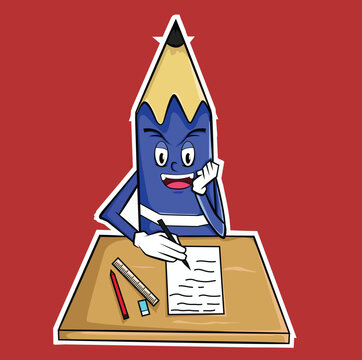 make a cute doll mascot, a cartoon pencil studying on a table