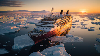 A modern, white cruise ship sails the Arctic Ocean, among ice floes and asbergs. Travel and vacation. En route. - obrazy, fototapety, plakaty