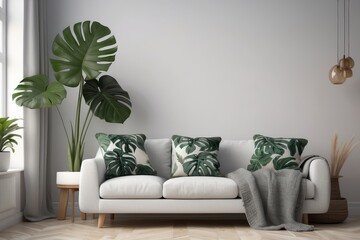 Home interior cozy living room sofa cushion coffee mug knitted plaid monstera plant room decor scandinavian style