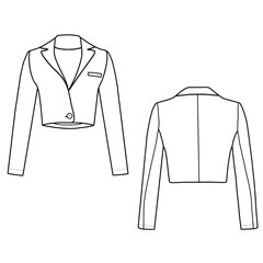 Crop blazer technical fashion illustration with a pocket and button. Outerwear blazer jackets technical fashion illustration. Flat blazer jacket coat template front and back view.