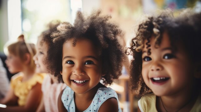 Cheerful young children with bright smiles enjoying their day in a classroom setting.