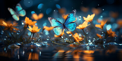 blue butterfly flying over water and flowers