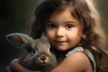 portrait of cute little girl playing with rabbit generative ai 