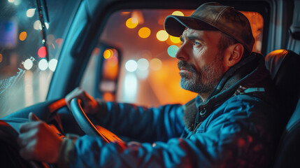 Portrait of tired truck driver driving in a highway at night, to deliver the cargo on time