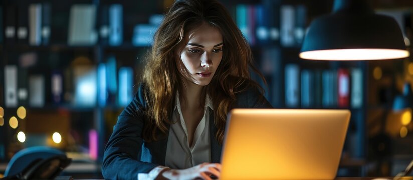 Woman working with laptop at deadline make late go home in an office at night. Generated AI image