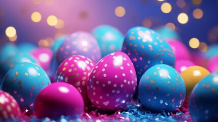 Fototapeta na wymiar Assorted colorful Easter eggs with polka dots and sparkles on a vibrant blue background, festive and fun.