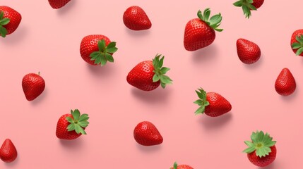 Bright red strawberries artfully scattered on a vibrant pink surface, creating a playful pattern.