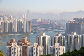 Fototapeta premium Aerial view to Tsuen Wan and Tsing Yi from Shek Lung Kung, New Territories, Hong Kong