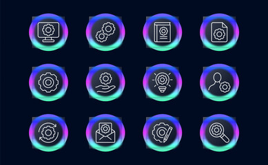 Gears set line icon. Setting, options, calibration, change, mechanism, clock, device, gadget. Glassmorphism style. Vector line icon for business and advertising