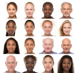 Fototapeta na wymiar Men and women of different ages, races and ethnicities. Phenotype. Gender. Interracial portraits. Genetics. Black and white people. Caucasian. African. Diversity. Old, young and middle aged people
