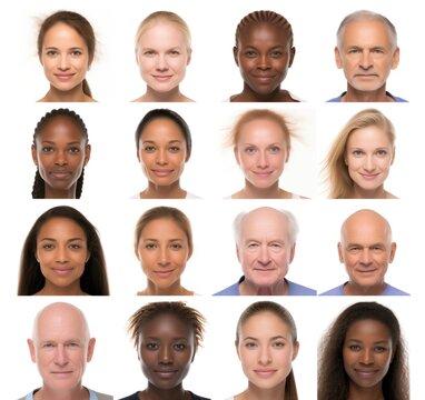 Men and women of different ages, races and ethnicities. Phenotype. Gender. Interracial portraits. Genetics. Black and white people. Caucasian. African. Diversity. Old, young and middle aged people