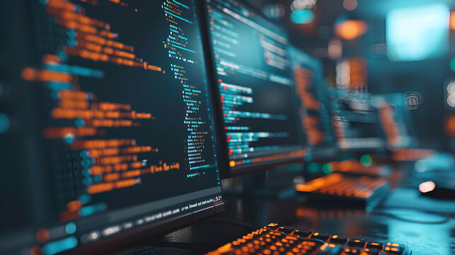 close-up shot of programming code blurred in bokeh style.  AI generative.
