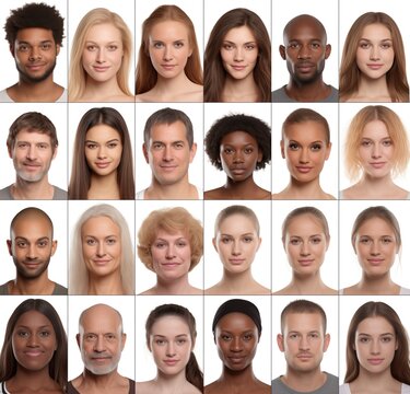 Men and women of different ages, races and ethnicities. Phenotype. Gender. Interracial portraits. Genetics. Black and white people. Caucasian. African. Diversity. Old, young and middle aged people