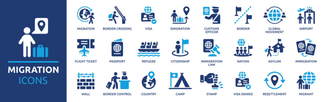 Migration icon set. Containing visa, passport, border, migrant, customs officer, country, immigration and more. Solid vector icons collection.