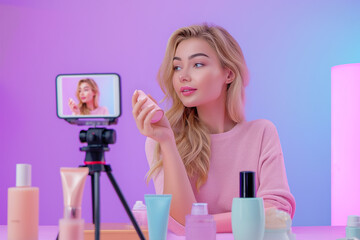 Beauty blogger with cosmetics recording video live online streaming for social media, Beautiful young woman with cosmetics products, Content creator, Streamer, Vlogger
