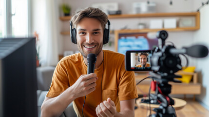 Smiliing man with microphone and headphone, Content creator live online streaming for social media...
