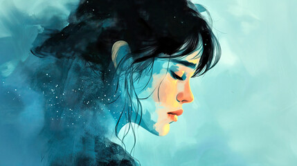 Fototapeta premium profile portrait of a young woman with a sad and contemplative expression, concept of sadness and depression, digital art