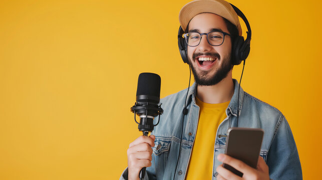 Portrait of happy young man with microphone and headphone, Content creator live online streaming for social media on smartphone isolated yellow background, Streamer, Podcast, Vlogger