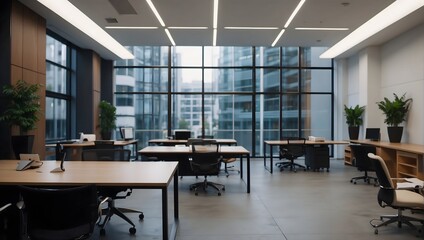 Modern business office without people with blurred bokeh background