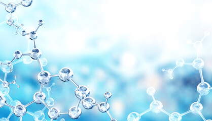 Horizontal banner with model of abstract molecular structure. Background of blue color with glass...