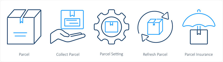 A set of 5 Mix icons as parcel, collect parcel, parcel setting