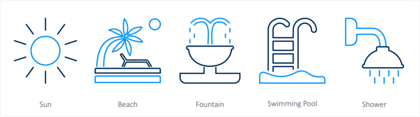 A set of 5 Mix icons as sun, beach, fountain