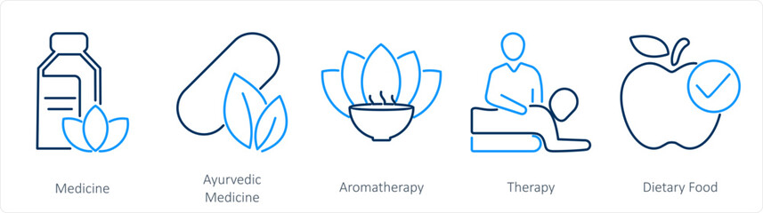 A set of 5 Mix icons as medicine, ayurvedic medicine, aromatherapy