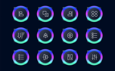 Application settings set line icon. Correction, sliders, controls. Glassmorphism style. Vector line icon for business and advertising