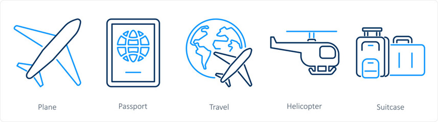 A set of 5 Mix icons as plane, passport, travel