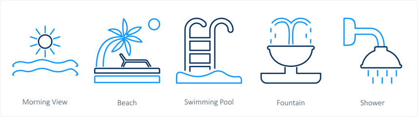 A set of 5 Mix icons as morning view, beach, swimming pool