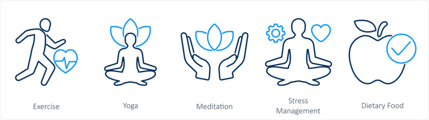 A set of 5 Mix icons as exercise, yoga, medidation