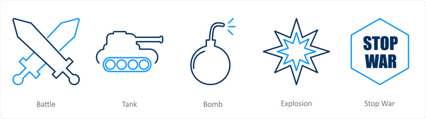 A set of 5 Mix icons as battle, tank, bomb