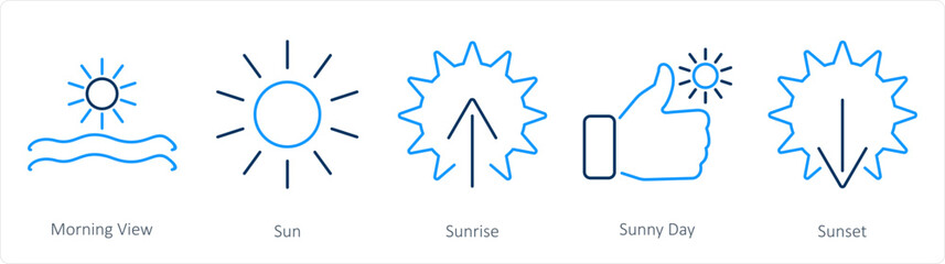 A set of 5 Mix icons as morning view, sun, sunrise