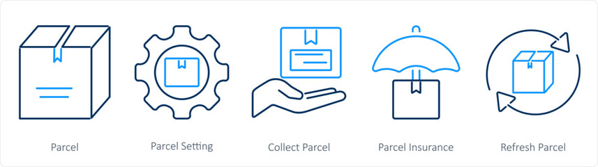 A set of 5 Mix icons as parcel, parcel setting, collect parcel