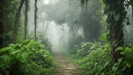 Mysterious jungle path with lush green foliage and hanging vines, misty morning. generative AI