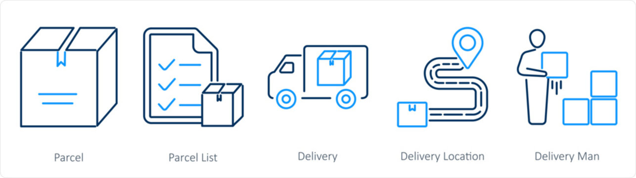 A set of 5 Mix icons as parcel, parcel list, delivery 