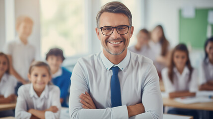 Obraz premium Nurturing Minds: Warm Portrait of a Smiling Teacher in an Elementary School Classroom, Focused on Students' Learning Journey