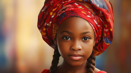portrait of a beautiful, cute child with braids and red scarf on the head