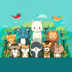 Naklejka premium group of cute wildlife animals generative ai