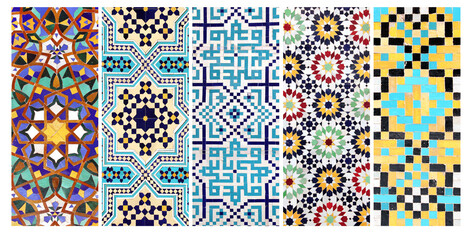 Set of vertical or horizontal banners with detail of ancient mosaic walls with floral and geometric ornaments. Collection of backgrounds with traditional iranian tile decorations - obrazy, fototapety, plakaty