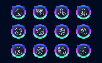 Eco friendly production line icon set. Greenpeace, protecting the planet, nature, trees, greenery, leaves. Glassmorphism style. Vector line icon for business and advertising
