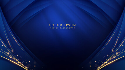 Luxury golden line with blue curve shape, and glitter light effect decoration on dark blue background