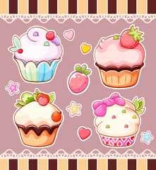 Set of stickers with cute sweet desserts in kawaii style. Cake, muffin and cupcake with whipped cream, cherry and strawberry. Vector illustration EPS8