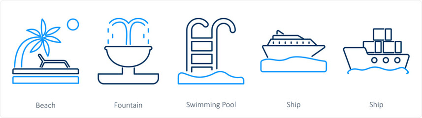 A set of 5 mix icons as beach, fountain, swimming pool